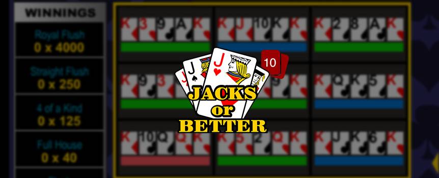 In this draw poker game, you are dealt 5 cards and have to choose which ones to keep. Discard the rest and press 'Deal' to get new ones. If you have a pair of Jacks or better, you win.